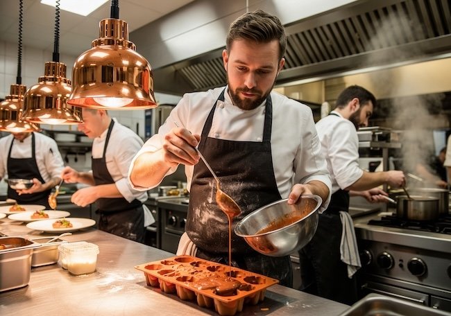 photo d’un cuisinier en train de verser du chocolat fondu