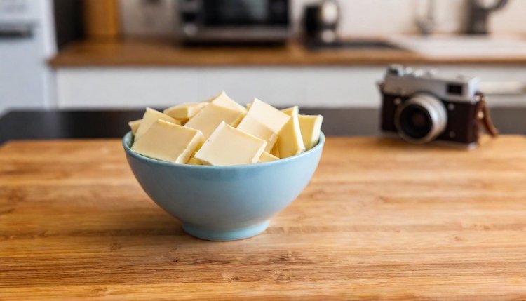Photographie de chocolat blanc dans un bol à faire fondre