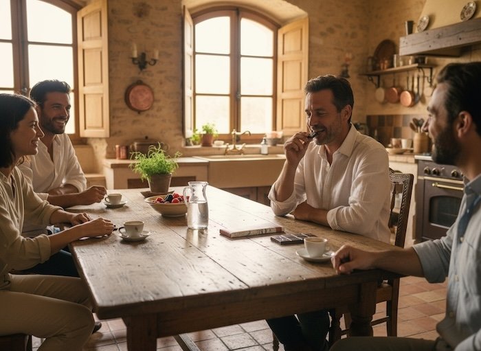 photo d’amis qui dégustent ensemble du chocolat noir