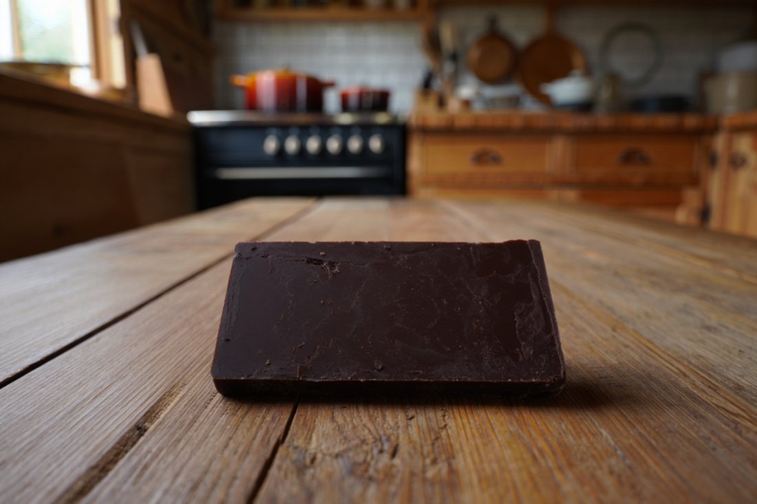 photo d’une tablette de chocolat noir brut sur une table en bois