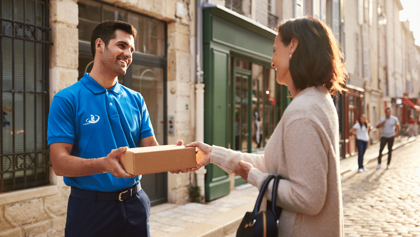 photo d’un livreur qui dépose un colis avec du chocolat à une dame
