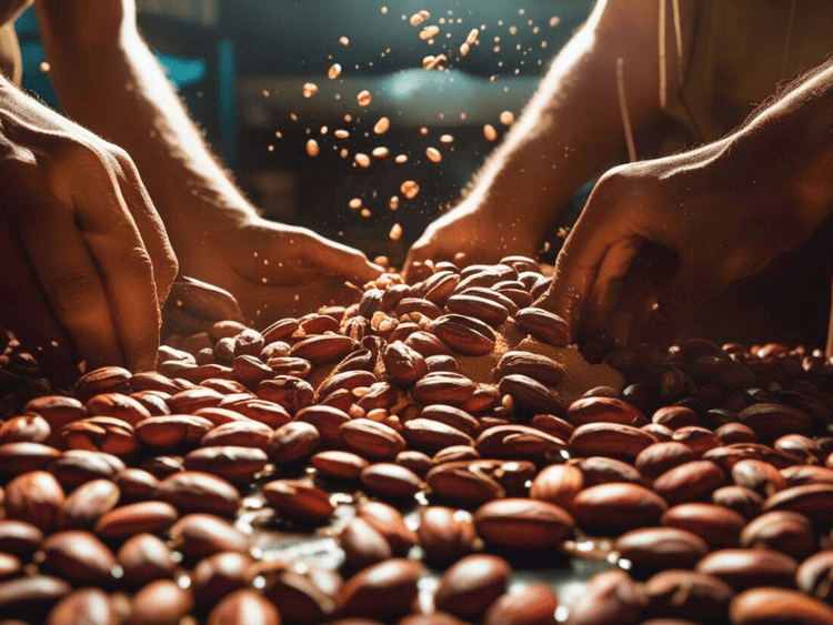Photo de mains qui manipulent des fèves de cacao