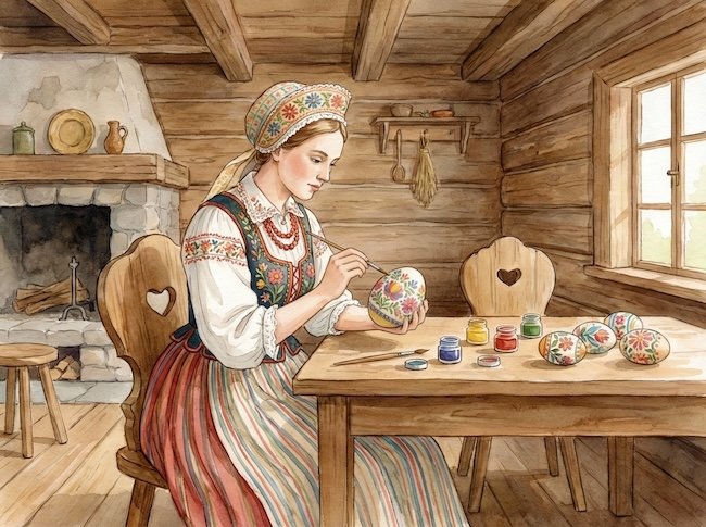 image d’une femme en train de décorer un œuf en Pologne