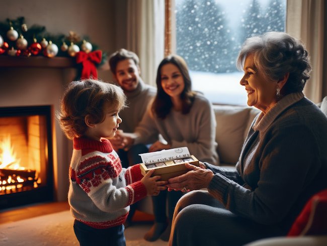photo d’un enfant qui offre du chocolat à sa grand mère pour Noël