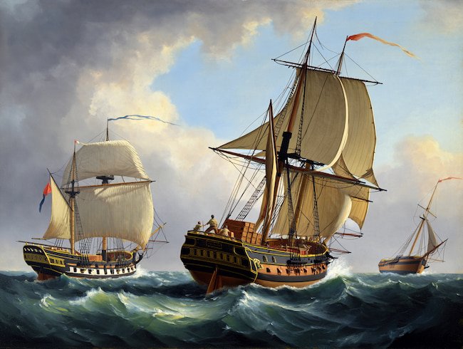peinture de voiliers qui transportaient du cacao au 18ème siècle